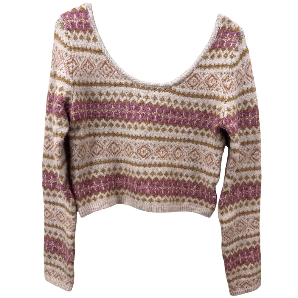 American Eagle Fair Isle Cropped Scoop Neck Sweater Pink Tan Cream Large NWT
